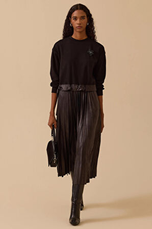 Seçil Kadın Taş Detaylı Suni Deri Pliseli Midi Elbise 1016 Siyah