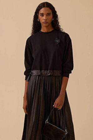 Seçil Kadın Taş Detaylı Suni Deri Pliseli Midi Elbise 1016 Siyah