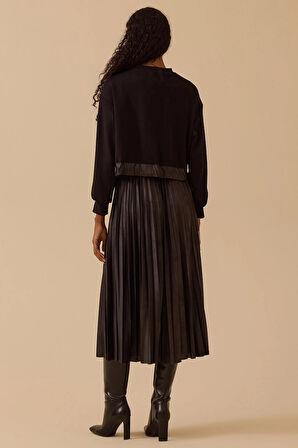 Seçil Kadın Taş Detaylı Suni Deri Pliseli Midi Elbise 1016 Siyah