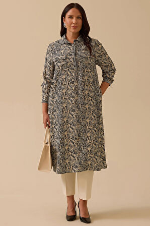 Galaxi Kadın Büyük Beden Desenli Cep Detaylı Elbise 4003 Siyah