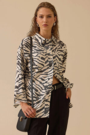 Seçil Kadın Zebra Desenli Cep Detaylı Gömlek 0010 Siyah