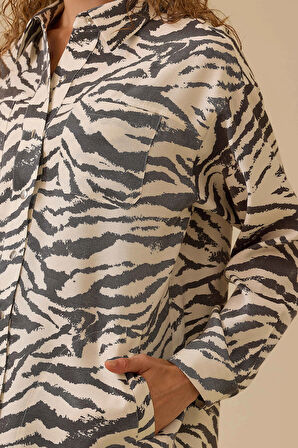 Seçil Kadın Zebra Desenli Cep Detaylı Gömlek 0010 Siyah