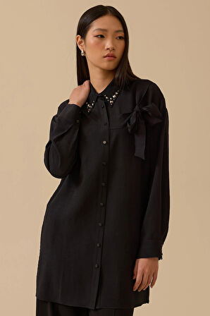 Seçil Kadın Bağlama Detaylı Taş İşlemeli Gömlek 1006 Siyah