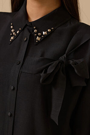 Seçil Kadın Bağlama Detaylı Taş İşlemeli Gömlek 1006 Siyah