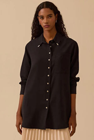 Kadın Süet Cep Detaylı Düğmeli Gömlek - Siyah | 44