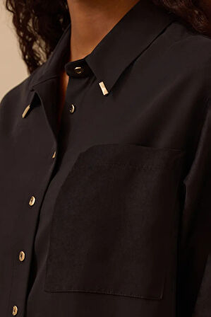 Kadın Süet Cep Detaylı Düğmeli Gömlek - Siyah | 44