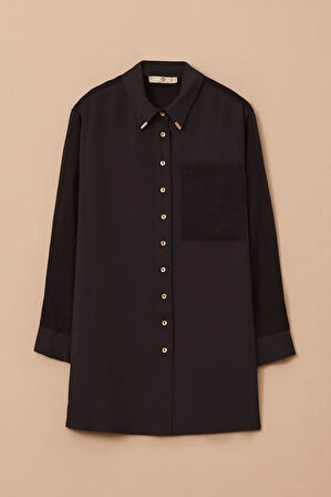 Kadın Süet Cep Detaylı Düğmeli Gömlek - Siyah | 44