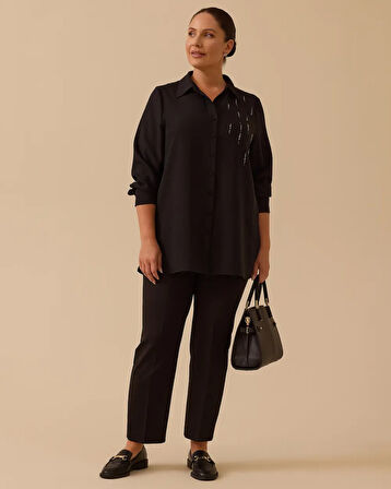 Kadın Büyük Beden Taş Detaylı Gömlek - Siyah | 50