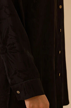 Kadın Büyük Beden Çiçek Desenli Jakar Gömlek - Siyah | 44