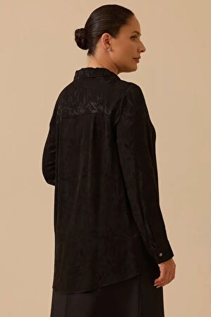 Kadın Büyük Beden Çiçek Desenli Jakar Gömlek - Siyah | 48