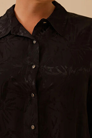 Kadın Büyük Beden Çiçek Desenli Jakar Gömlek - Siyah | 50