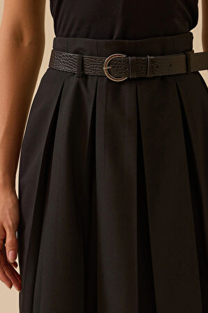 Seçil Kadın Kemerli Pile Detaylı Midi Etek 0003 Siyah