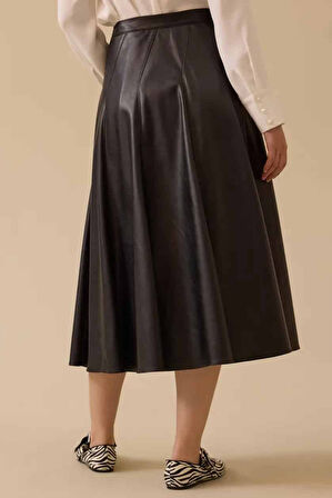 Kadın Suni Deri Kloş Etek - Siyah | 36