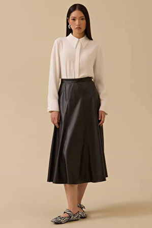 Kadın Suni Deri Kloş Etek - Siyah | 36