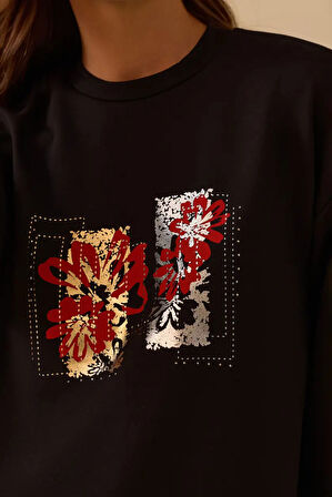 Kadın Çiçek Baskılı Sweatshirt - Siyah | M
