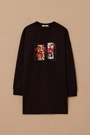 Kadın Çiçek Baskılı Sweatshirt - Siyah | M