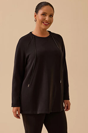 Galaxi Kadın Büyük Beden Bağcıklı Basic Sweatshirt 4002 Siyah