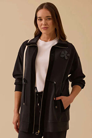 Kadın Taş İşlemeli Çift Kumaşlı Fermuarlı Kap - Siyah | L