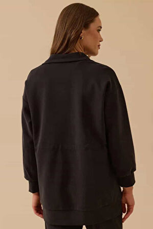 Kadın Taş İşlemeli Çift Kumaşlı Fermuarlı Kap - Siyah | L