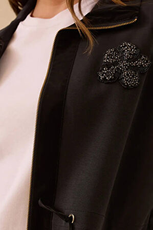 Kadın Taş İşlemeli Çift Kumaşlı Fermuarlı Kap - Siyah | L