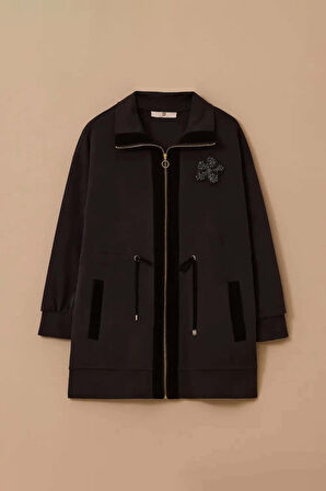 Kadın Taş İşlemeli Çift Kumaşlı Fermuarlı Kap - Siyah | L