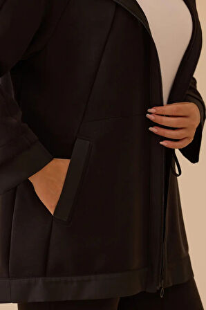 Kadın Büyük Beden Kapüşonlu Fermuarlı Kap - Siyah | 48