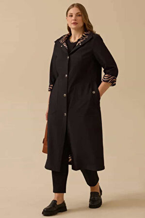 Kadın Büyük Beden Astarlı Cepli Pardesü - Siyah | 44