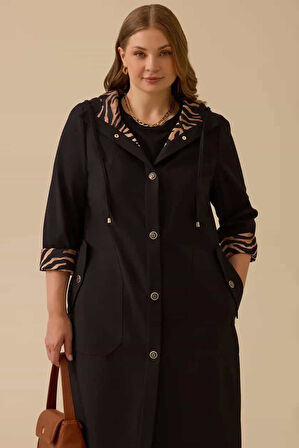 Kadın Büyük Beden Astarlı Cepli Pardesü - Siyah | 48