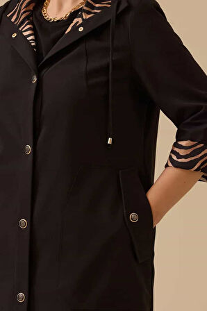 Kadın Büyük Beden Astarlı Cepli Pardesü - Siyah | 48