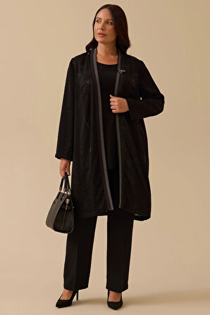 Galaxi Kadın Büyük Beden Desenli Hırkalı Takım 4001 Siyah