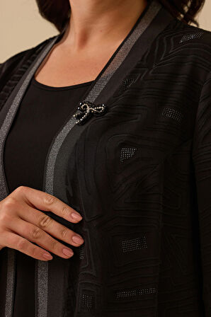 Galaxi Kadın Büyük Beden Desenli Hırkalı Takım 4001 Siyah