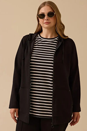 Kadın Büyük Beden Çizgili İç Bluzlu Fermuarlı Takım - Siyah | 46
