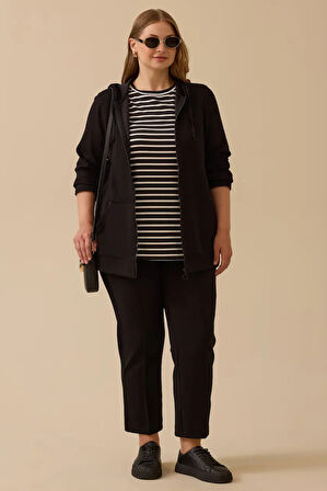 Kadın Büyük Beden Çizgili İç Bluzlu Fermuarlı Takım - Siyah | 46