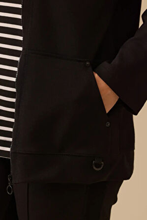 Kadın Büyük Beden Çizgili İç Bluzlu Fermuarlı Takım - Siyah | 46