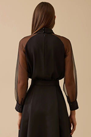 Seçil Kadın Transparan Kollu Şık Saten Bluz 8002 Siyah