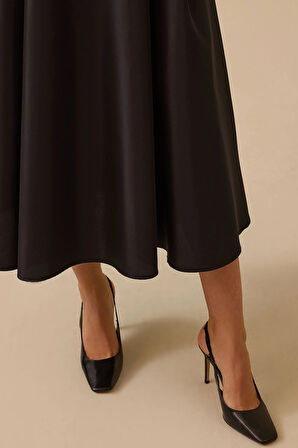 Seçil Kadın Tafta Kumaş Yüksek Bel Şık Kloş Etek 8001 Siyah