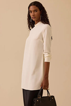 Kadın Dik Yaka Yan Yırtmaçlı Tunik - Ekru | 42