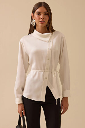 Seçil Kadın Asimetrik Düğmeli Kuşaklı Gömlek 0009 Ekru