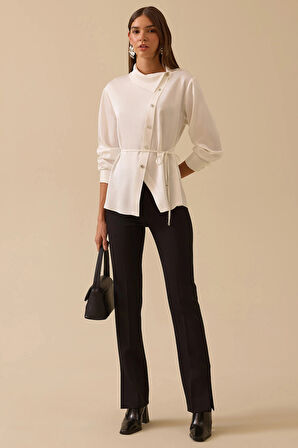 Seçil Kadın Asimetrik Düğmeli Kuşaklı Gömlek 0009 Ekru