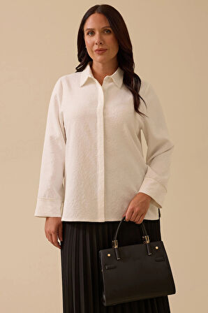 Galaxi Kadın Büyük Beden Boncuk Detaylı Dokulu Gömlek 4006 Ekru