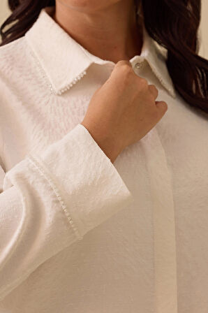 Galaxi Kadın Büyük Beden Boncuk Detaylı Dokulu Gömlek 4006 Ekru