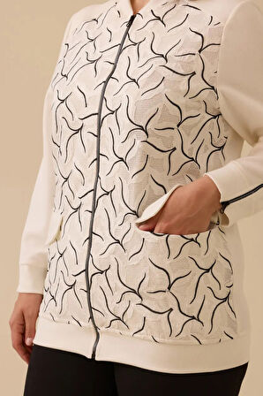 Kadın Büyük Beden Desenli Fermuarlı Kap - Ekru | 48