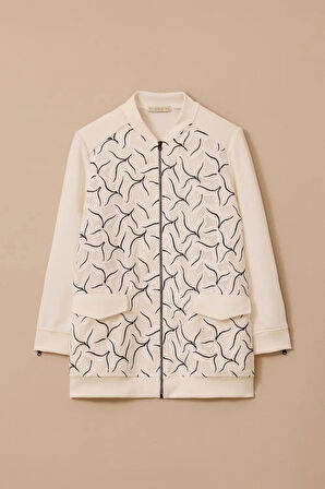 Kadın Büyük Beden Desenli Fermuarlı Kap - Ekru | 50