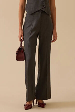 Kadın Yüksek Bel Paça Detaylı Pantolon - Gri | 36