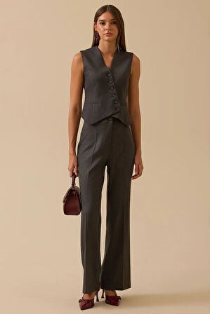 Kadın Yüksek Bel Paça Detaylı Pantolon - Gri | 36