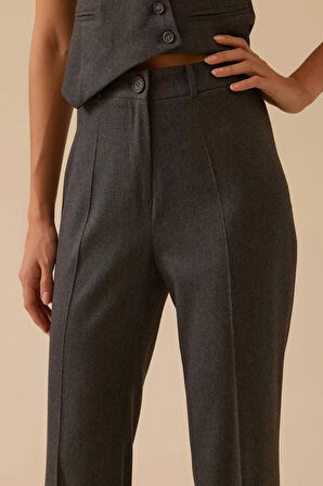 Kadın Yüksek Bel Paça Detaylı Pantolon - Gri | 36