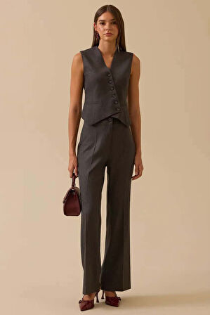 Kadın Asimetrik Kesim Düğmeli Yelek - Gri | 40