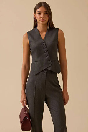 Kadın Asimetrik Kesim Düğmeli Yelek - Gri | 42