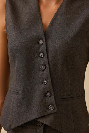 Kadın Asimetrik Kesim Düğmeli Yelek - Gri | 42