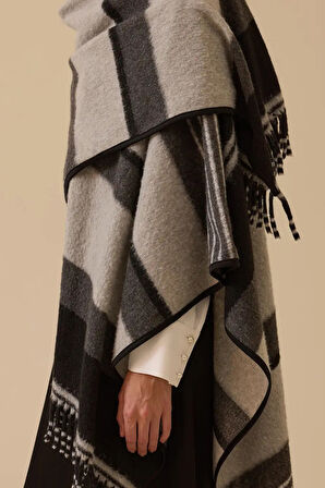 Kadın Çizgili Panço - Gri | Std